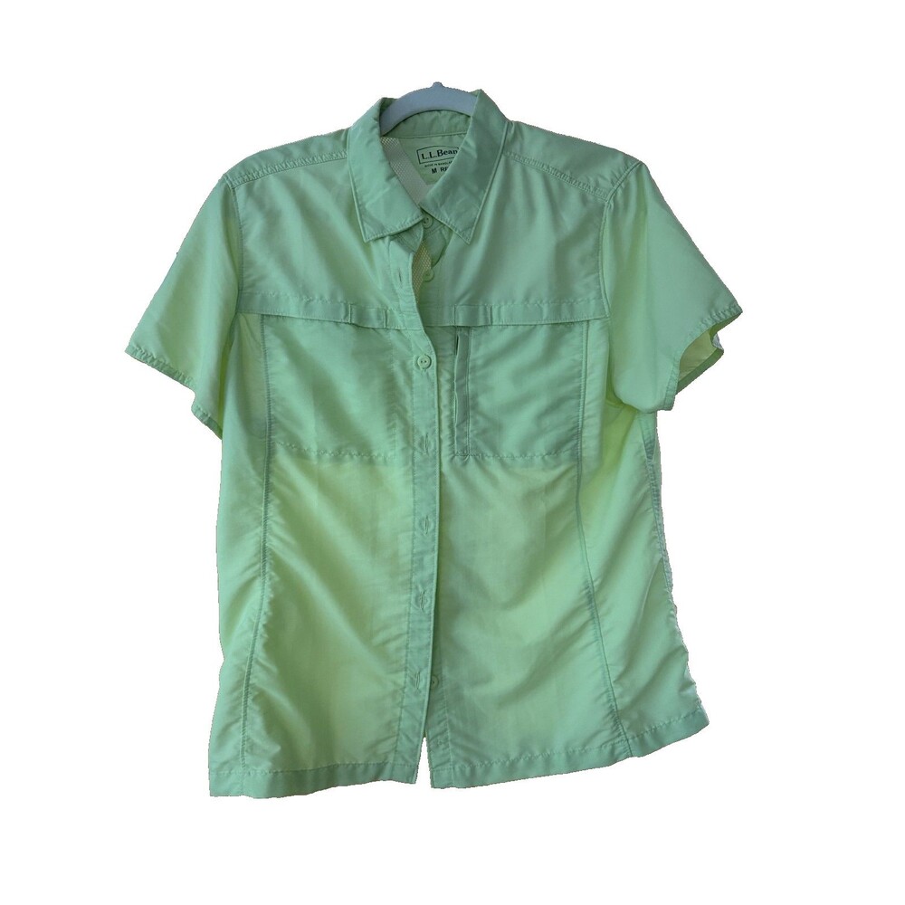 LL Bean Womens M Reg Fishing Shirt Button Up Short Sleeve Vented Green